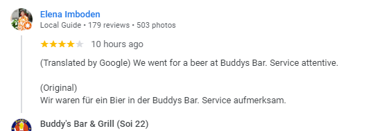 5-Star review of Buddy’s Bar & Grill Bangkok Soi 22 March 2024