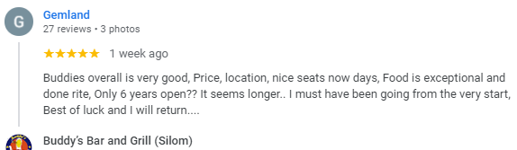 Another 5-Star review of Buddy’s Bar & Grill Silom Bangkok March 2024