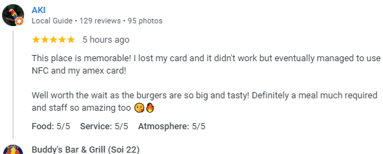 5-Star review of Buddy’s Bar & Grill Soi 22 Bangkok April 2024