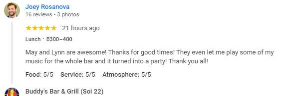 Another 5-Star review of Buddy’s Bar & Grill Soi 22 Bangkok April 2024
