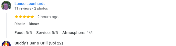 5-Star review of Buddy’s Bar & Grill Soi 22 Bangkok April 2024