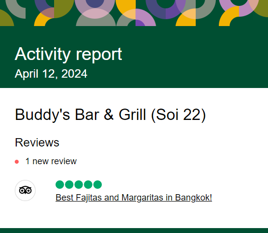 Another 5-Star review of Buddy’s Bar & Grill Soi 22 Bangkok April 2024