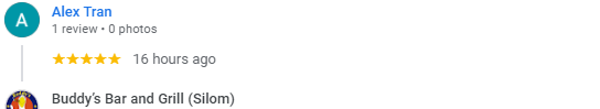 Another 5-Star review of Buddy’s Bar & Grill Silom Bangkok June 2024