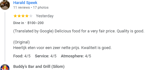Another 4-Star review of Buddy’s Bar & Grill Silom Bangkok June 2024