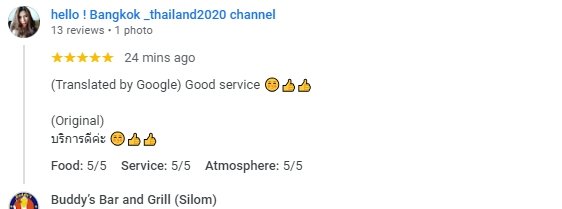 Another 5-Star review of Buddy’s Bar & Grill Silom Bangkok May 2024