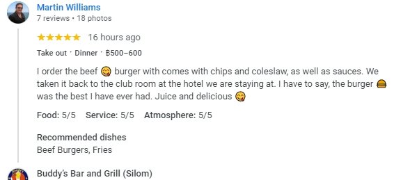 Another 5-Star review of Buddy’s Bar & Grill Silom Bangkok June 2024