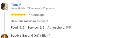 Another 5-Star review of Buddy’s Bar & Grill Silom Bangkok June 2024