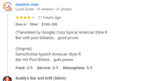 Another 4-Star review of Buddy’s Bar & Grill Silom Bangkok July 2024