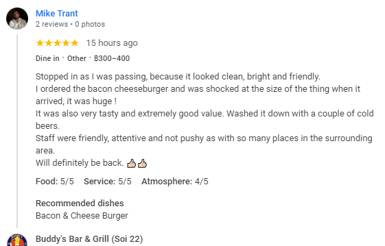 Another 5-Star review of Buddy’s Bar & Grill Bangkok Soi 22 July 2024