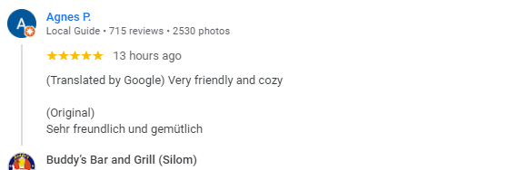 Another 5-Star review of Buddy’s Bar & Grill Silom Bangkok August 2024