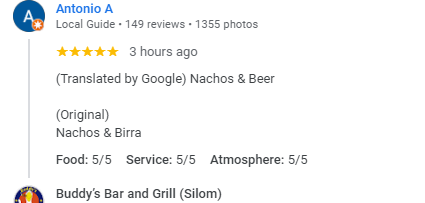 Another 5-Star review of Buddy’s Bar & Grill Silom Bangkok September 2024