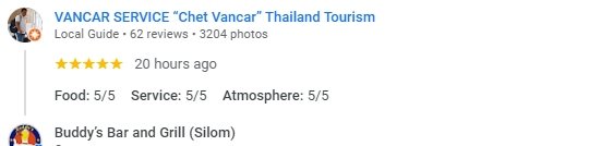 Another 5-Star review of Buddy’s Bar & Grill Silom Bangkok September 2024