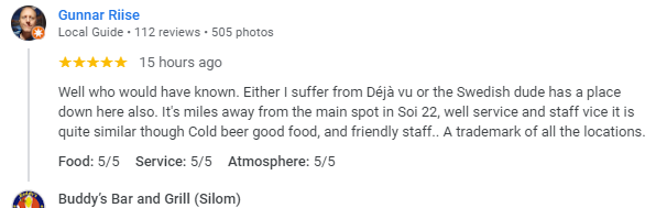 Another 5-Star review of Buddy’s Bar & Grill Silom Bangkok October 2024