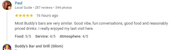 Another 5-Star review of Buddy’s Bar & Grill Silom Bangkok October 2024
