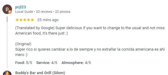 Another 5-Star review of Buddy’s Bar & Grill Silom Bangkok October 2024