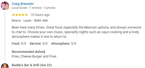 Another 5-Star review of Buddy’s Bar & Grill Soi 22 Bangkok October 2024