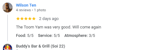 Another 5-Star review of Buddy’s Bar & Grill Soi 22 Bangkok October 2024