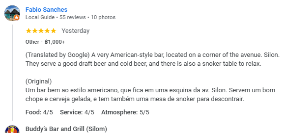 Another 5-Star review of Buddy’s Bar & Grill Soi 89 Bangkok November 2024