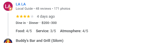 Another 4-Star review of Buddy’s Bar & Grill Silom Bangkok November 2024