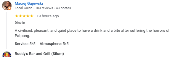 Another 5-Star review of Buddy’s Bar & Grill Soi 89 Bangkok November 2024