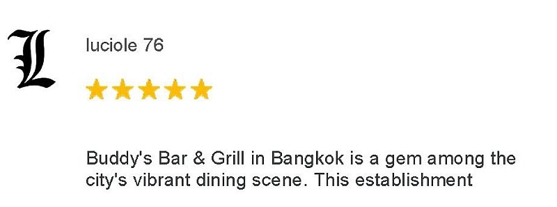 Another 5-Star review of Buddy’s Bar & Grill Soi 22 Bangkok November 2024