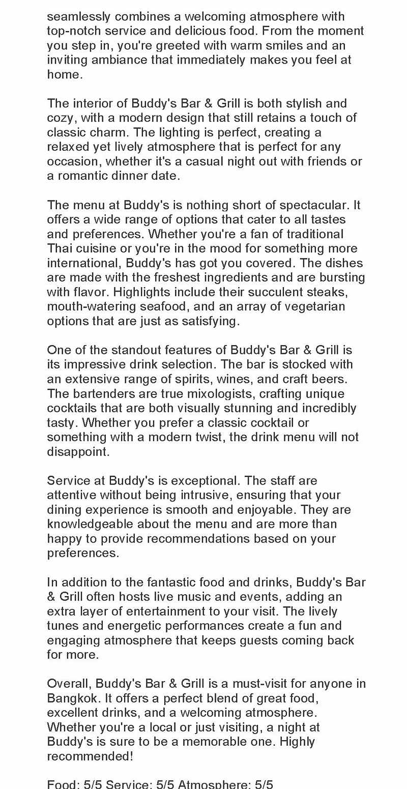 Another 5-Star review of Buddy’s Bar & Grill Soi 22 Bangkok November 2024