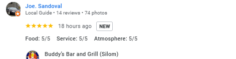 Another 5-Star review of Buddy’s Bar & Grill Silom Bangkok December 2024