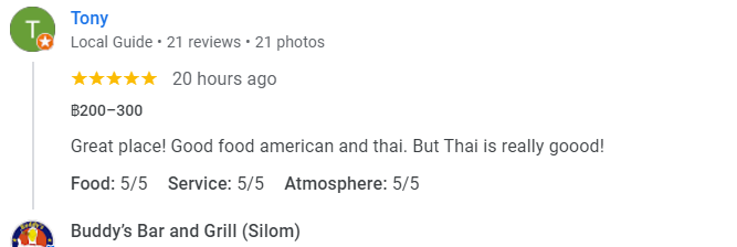 Another 5-Star review of Buddy’s Bar & Grill Silom Bangkok December 2024