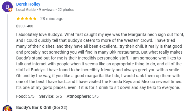 Another 5-Star review of Buddy’s Bar & Grill Soi 22 Bangkok December 2024