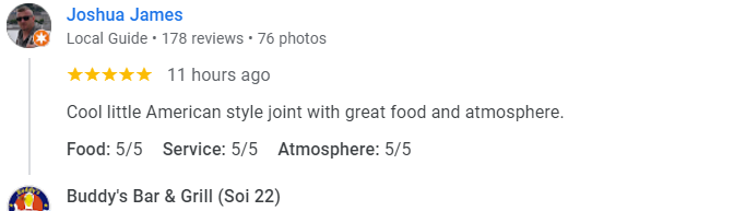 Another 5-Star review of Buddy’s Bar & Grill Soi 22 Bangkok December 2024