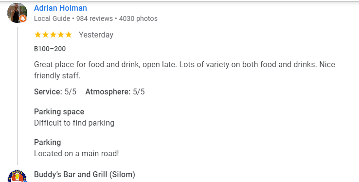 Another 5-Star review of Buddy’s Bar & Grill Silom Bangkok January 2025