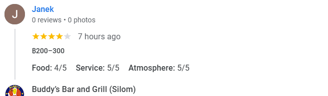 Another 4-Star review of Buddy’s Bar & Grill Silom Bangkok January 2025