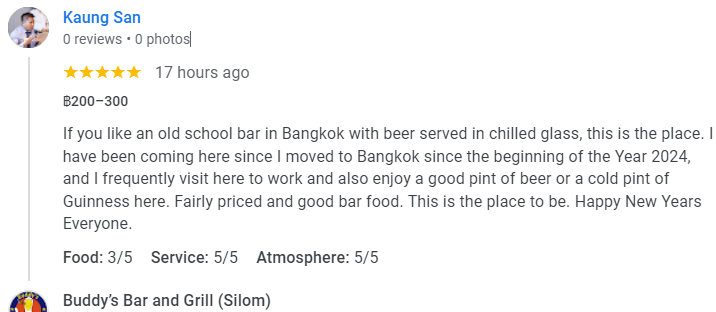 Another 5-Star review of Buddy’s Bar & Grill Silom Bangkok December 2024