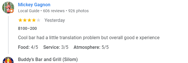 Another 4-Star review of Buddy’s Bar & Grill Silom Bangkok January 2025