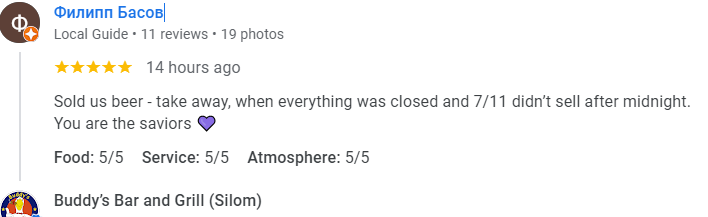 Another 5-Star review of Buddy’s Bar & Grill Silom Bangkok January 2025