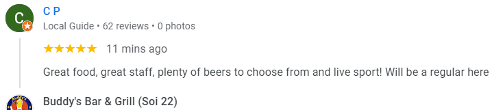 Another 5-Star review of Buddy’s Bar & Grill Soi 22 Bangkok January 2025