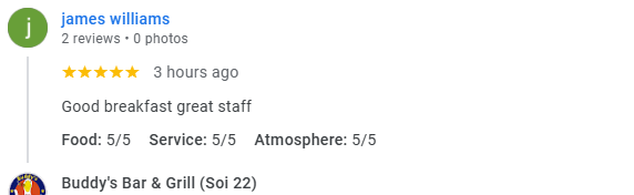 Another 5-Star review of Buddy’s Bar & Grill Soi 22 Bangkok February 2025