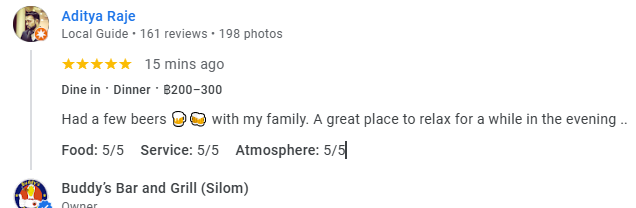 Another 5-Star review of Buddy’s Bar & Grill Silom Bangkok March 2025