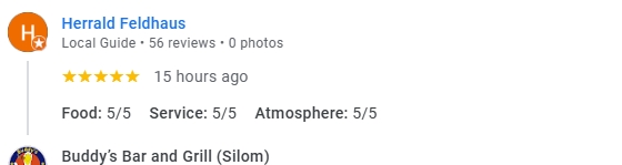 Another 5-Star review of Buddy’s Bar & Grill Silom Bangkok February 2025