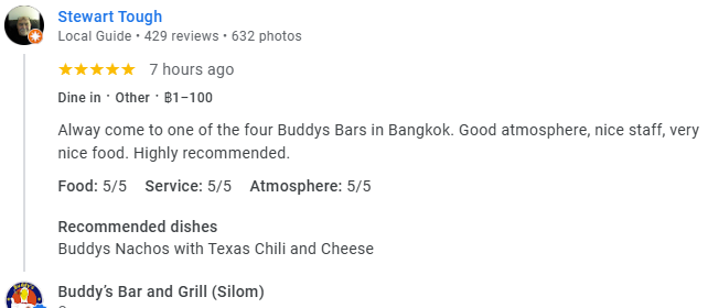 Another 5-Star review of Buddy’s Bar & Grill Silom Bangkok March 2025