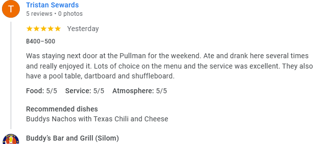 Another 5-Star review of Buddy’s Bar & Grill Silom Bangkok March 2025