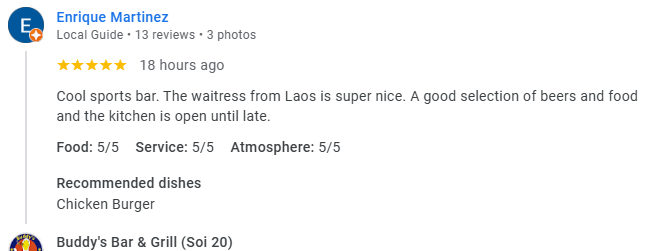 Another 5-Star review of Buddy’s Bar & Grill Soi 20 Bangkok March 2025