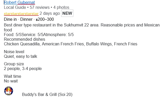 Another 5-Star review of Buddy’s Bar & Grill Soi 20 Bangkok February 2025