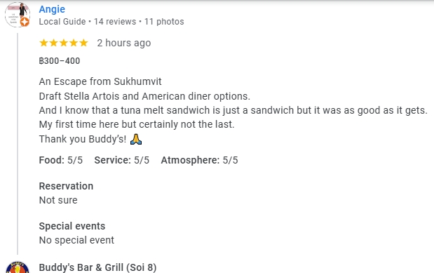 Another 5-Star review of Buddy’s Bar & Grill Soi 8 Bangkok February 2025