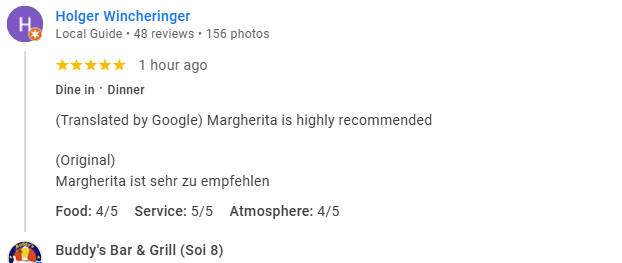 Another 5-Star review of Buddy’s Bar & Grill Soi 8 Bangkok March 2025