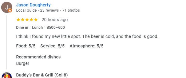 Another 5-Star review of Buddy’s Bar & Grill Soi 8 Bangkok March 2025