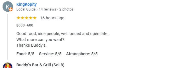 Another 5-Star review of Buddy’s Bar & Grill Soi 8 Bangkok March 2025