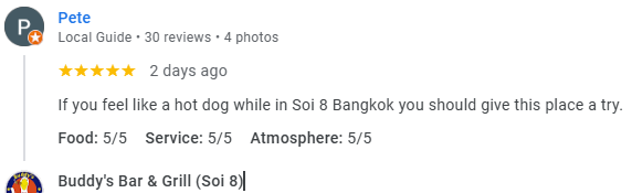 Another 5-Star review of Buddy’s Bar & Grill Soi 8 Bangkok March 2025