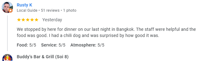 Another 5-Star review of Buddy’s Bar & Grill Soi 8 Bangkok March 2025