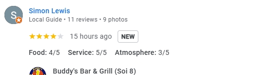 Another 4-Star review of Buddy’s Bar & Grill Soi 8 Bangkok March 2025